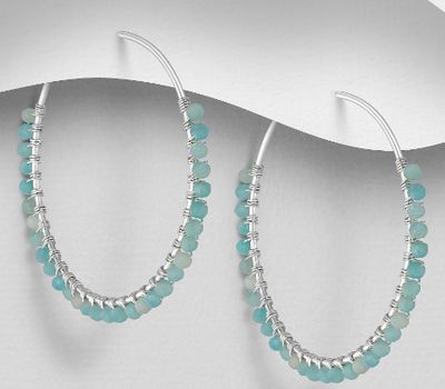 925 Sterling Silver Hoop Earrings, Beaded with Amazonite or Black Agate