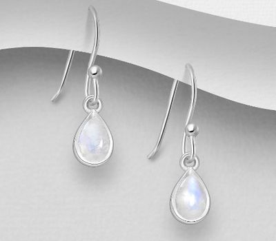 925 Sterling Silver Droplet Hook Earrings, Decorated with Rainbow Moonstone