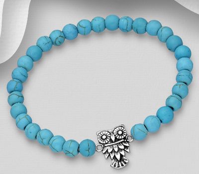 925 Sterling Silver Elastic Oxidized Owl Bracelet, Beaded with Various Gemstones