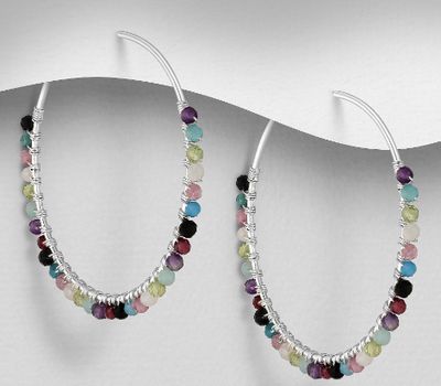 925 Sterling Silver Hoop Earrings, Beaded with Amazonite, Amethyst, Apatite, Black Agate, Garnet, Moonstone, Peridot and Rainbow Moonstone