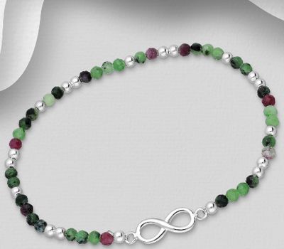 925 Sterling Silver Infinity Bracelet, Beaded with Ruby Zoisite