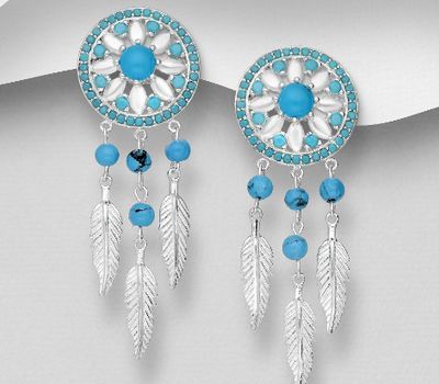 925 Sterling Silver Dream Catcher Push-Back Earrings, Decorated Reconstructed Turquoise and Resin