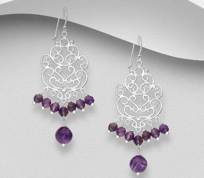 925 Sterling Silver Swirl Hook Earrings, Beaded with Various Gemstones