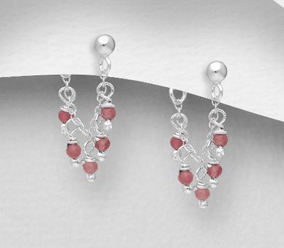 925 Sterling Silver Push-Back Earrings, Beaded with Pink Tourmaline