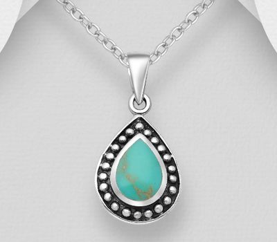 925 Sterling Silver Oxidized Droplet Pendant, Decorated with Reconstructed Light Green Turquoise