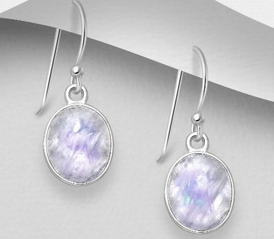 925 Sterling Silver Hook Earrings, Decorated with Rainbow Moonstone