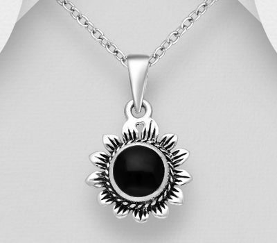 925 Sterling Silver Oxidized Flower Pendant, Decorated with Reconstructed Stone or Resin