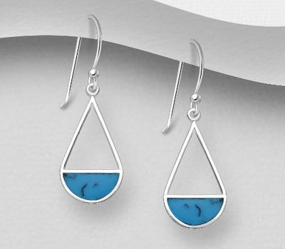 925 Sterling Silver Droplet Hook Earrings, Decorated with Reconstructed Sky-Blue Turquoise