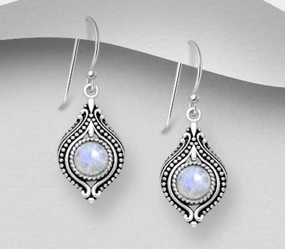 925 Sterling Silver Oxidized Swirl Hook Earrings, Decorated with Rainbow Moonstone