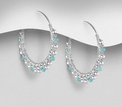 925 Sterling Silver Hoop Earrings,  Beaded with Various Gemstone Beads