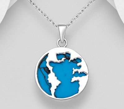 925 Sterling Silver World's Map Pendant, Decorated with Reconstructed Turquoise or VariousColored Resins