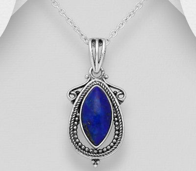 925 Sterling Silver Oxidized Pendant, Decorated with Reconstructed Sky-Blue Turquoise or Various Gemstones