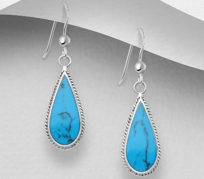 925 Sterling Silver Droplet Hook Earrings, Decorated with Reconstructed Turquoise or Various Colored Resins