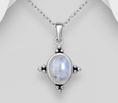 925 Sterling Silver Oxidized Oval Pendant, Decorated with Rainbow Moonstone