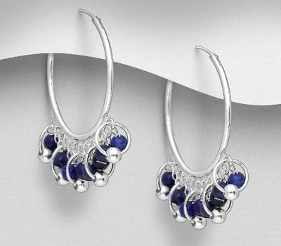 925 Sterling Silver Circle Links Hoop Earrings, Beaded with Gemstone Beads or Reconstructed Stone