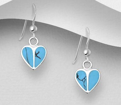 925 Sterling Silver Heart Hook Earrings, Decorated with Reconstructed Sky-Blue Turquoise