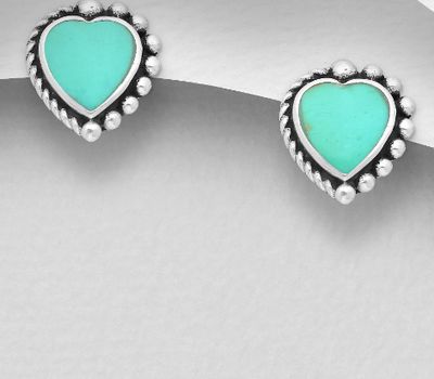 925 Sterling Silver Oxidized Heart Push-Back Earrings, Decorated with Reconstructed Turquoise or Resin