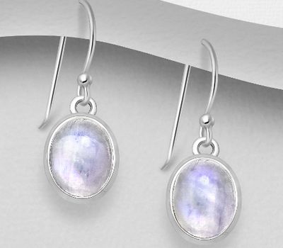 925 Sterling Silver Hook Earrings, Decorated with Rainbow Moonstone