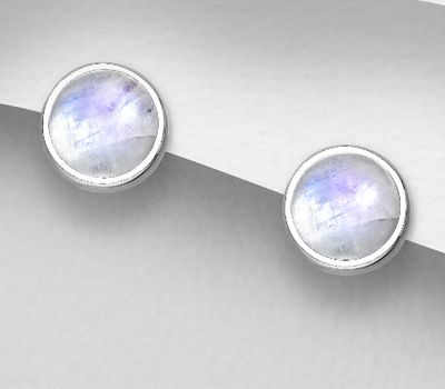 925 Sterling Silver Push-Back Earrings, Decorated with Rainbow Moonstone