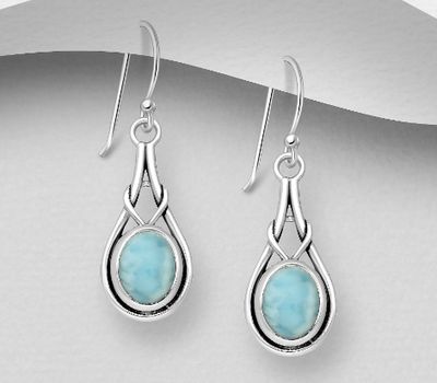 925 Sterling Silver Oxidized Hook Earrings, Decorated with Larimar