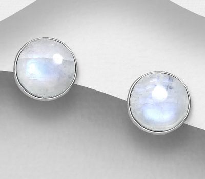 925 Sterling Silver Circle Push-Back Earrings, Decorated with Rainbow Moonstone