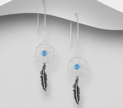 925 Sterling Silver Dream Catcher Threader Earrings, Decorated with Reconstructed Turquoise