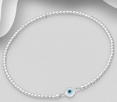 925 Sterling Silver Ball & Evil Eye Stretch  Bracelet Decorated With Colored Enamel & Shell