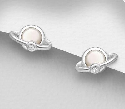 925 Sterling Silver Saturn Push-Back Earrings, Decorated with Shell and CZ Simulated Diamonds