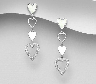 925 Sterling Silver Heart Push-Back Earrings, Decorated with CZ Simulated Diamonds and Shell