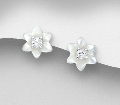 925 Sterling Silver Flower Push-Back Earrings, Decorated with CZ Simulated Diamonds and Shell