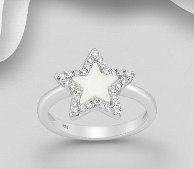 925 Sterling Silver Star Ring Decorated With CZ and Shell