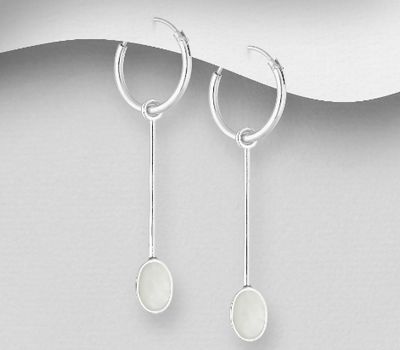 925 Sterling Silver Hoop and Bar Earrings Decorated with Shell