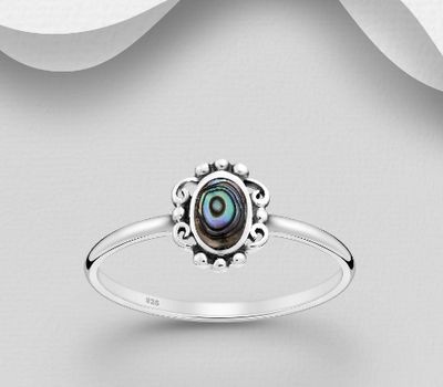 925 Sterling Silver Oxidized Swirl and Ball Ring, Decorated with Shell