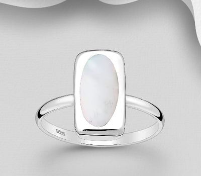 925 Sterling Silver Rectangle Ring, Decorated with Shell