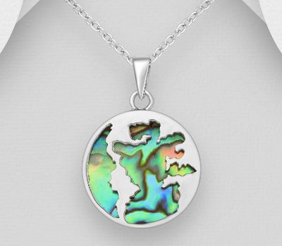 925 Sterling Silver World's Map Pendant decorated with Shell