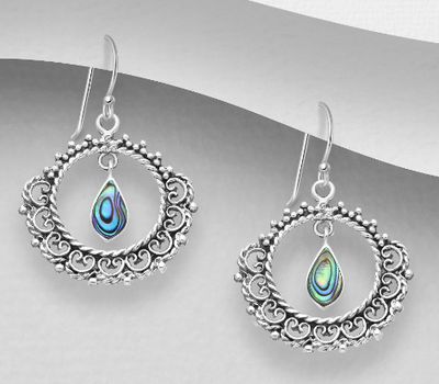 925 Sterling Silver Oxidized Hook Earrings, Decorated with Shell