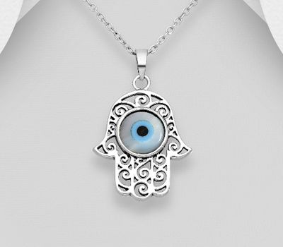 925 Sterling Silver Evil Eye Hamsa Pendant, Featuring Swirl Design, Decorated with Shell