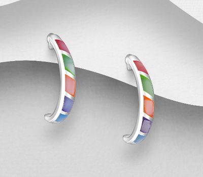 925 Sterling Silver Stripe Push-Back Earrings, Decorated with Colorful Shell