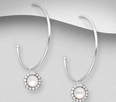 925 Sterling Silver Push-Back Semi-Circle Hoop Earrings Decorated with Circle Shell