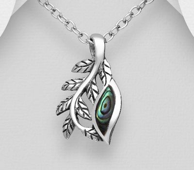 925 Sterling Silver Oxidized Leaf Pendant, Decorated with Shell