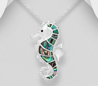 925 Sterling Silver Seahorse Pendant Decorated With Shell and Colored Enamel