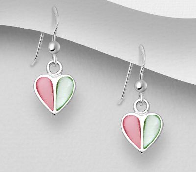 925 Sterling Silver Heart Hook Earrings, Decorated with Shell