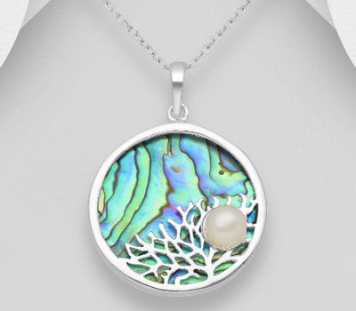 925 Sterling Silver Pendant Featuring Coral Decorated With Shell And Fresh Water Pearl