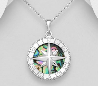 925 Sterling Silver Compass Pendant, Decorated with Shell