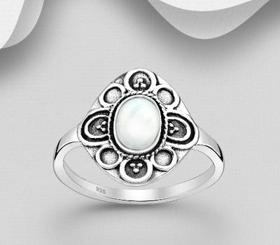 925 Sterling Silver Oxidized Oval Ring, Decorated with Shell