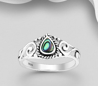 925 Sterling Silver Oxidized Ring, Featuring Swirl Design, Decorated with Shell