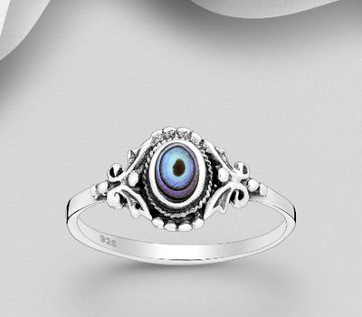 925 Sterling Silver Oxidized Oval Ring, Featuring Swirl Design, Decorated with Shell