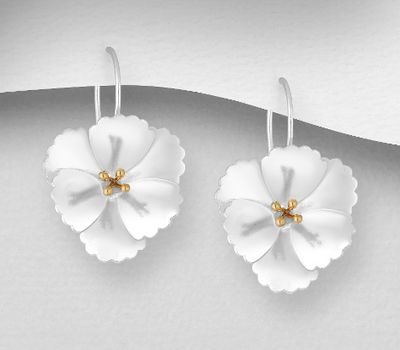 925 Sterling Silver Flower Hook Earrings, Pollen Plated with 1 Micron 14K or 18K Yellow Gold