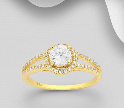 925 Sterling Silver Halo Ring Decorated with CZ Simulated Diamonds, Plated with 1 Micron 18K Yellow Gold