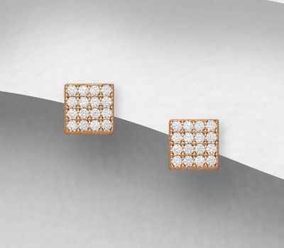 925 Sterling Silver Square Push-Back Earrings, Decorated with CZ Simulated Diamond and Plated with 1 Micron Pink Gold